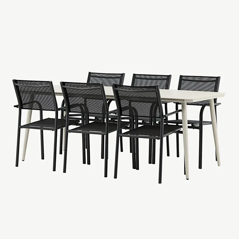 Beežist alumiiniumist söögilaud Lina mustade Santorini virnastatavate toolidega (õuemööbli komplekt, 200 × 90 cm) - GR22733
