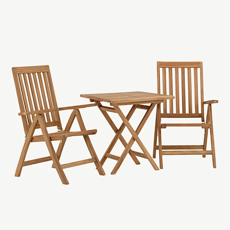 Kenya kokkupandav tiigipuust õuesöögikomplekt (laud 70 × 70 cm, 2 reguleeritavat tooli) - GR22792