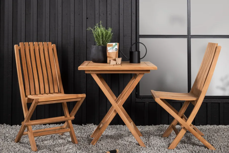 Kenya ristkülikukujuline kokkupandav tiigipuust aiamööbli komplekt – laud 70×70 cm ja kaks tooli, GR22794 – 8