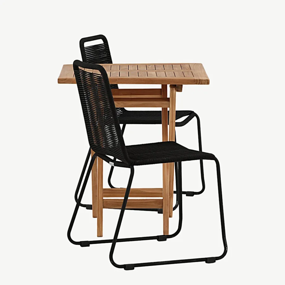 Tiikpuust välimööbli komplekt Kenya laud (70×70 cm) ja Lindos mustad köistöögitoolid, GR22796 – 2