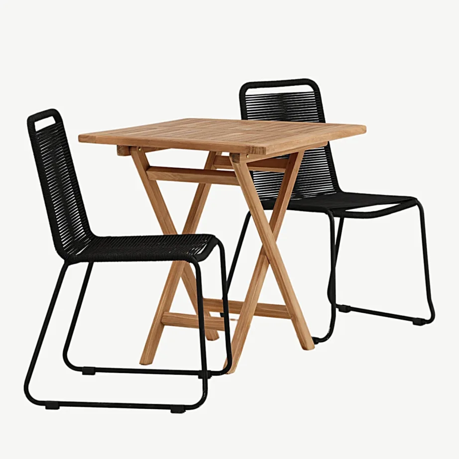 Tiikpuust välimööbli komplekt Kenya laud (70×70 cm) ja Lindos mustad köistöögitoolid, GR22796