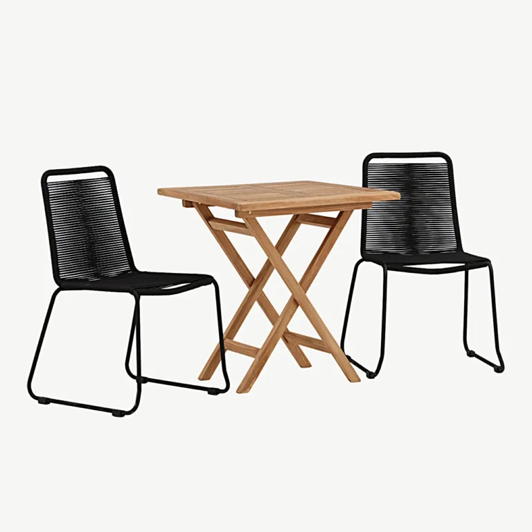 Tiikpuust välimööbli komplekt Kenya laud (70x70 cm) ja Lindos mustad köistöögitoolid - GR22796