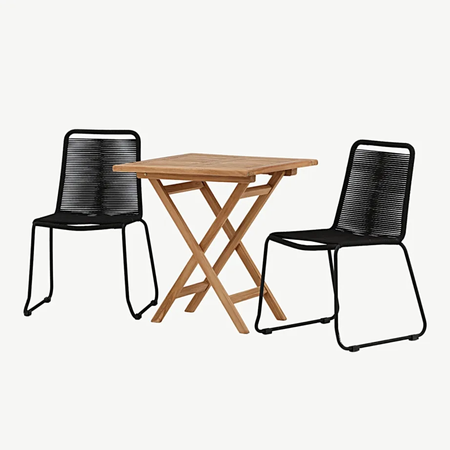 Tiikpuust välimööbli komplekt Kenya laud (70×70 cm) ja Lindos mustad köistöögitoolid, GR22796 – 6
