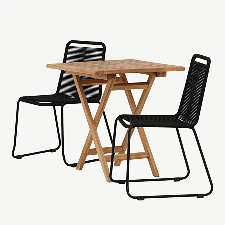 Tiikpuust välimööbli komplekt Kenya laud (70×70 cm) ja Lindos mustad köistöögitoolid, GR22796 – 7