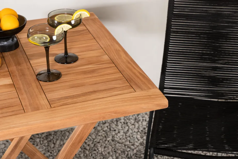 Tiikpuust välimööbli komplekt Kenya laud (70×70 cm) ja Lindos mustad köistöögitoolid, GR22796 – 9