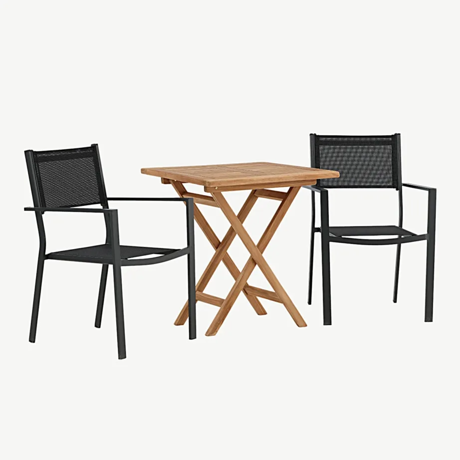 Kenya tiigipuust välimööblikomplekt – kokkupandav laud ja mustad alumiiniumraamiga toolid, GR22797 – 3