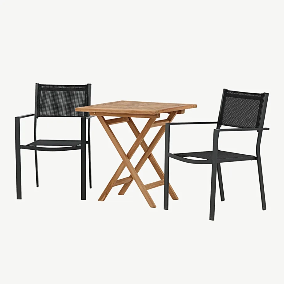 Kenya tiigipuust välimööblikomplekt – kokkupandav laud ja mustad alumiiniumraamiga toolid, GR22797 – 6
