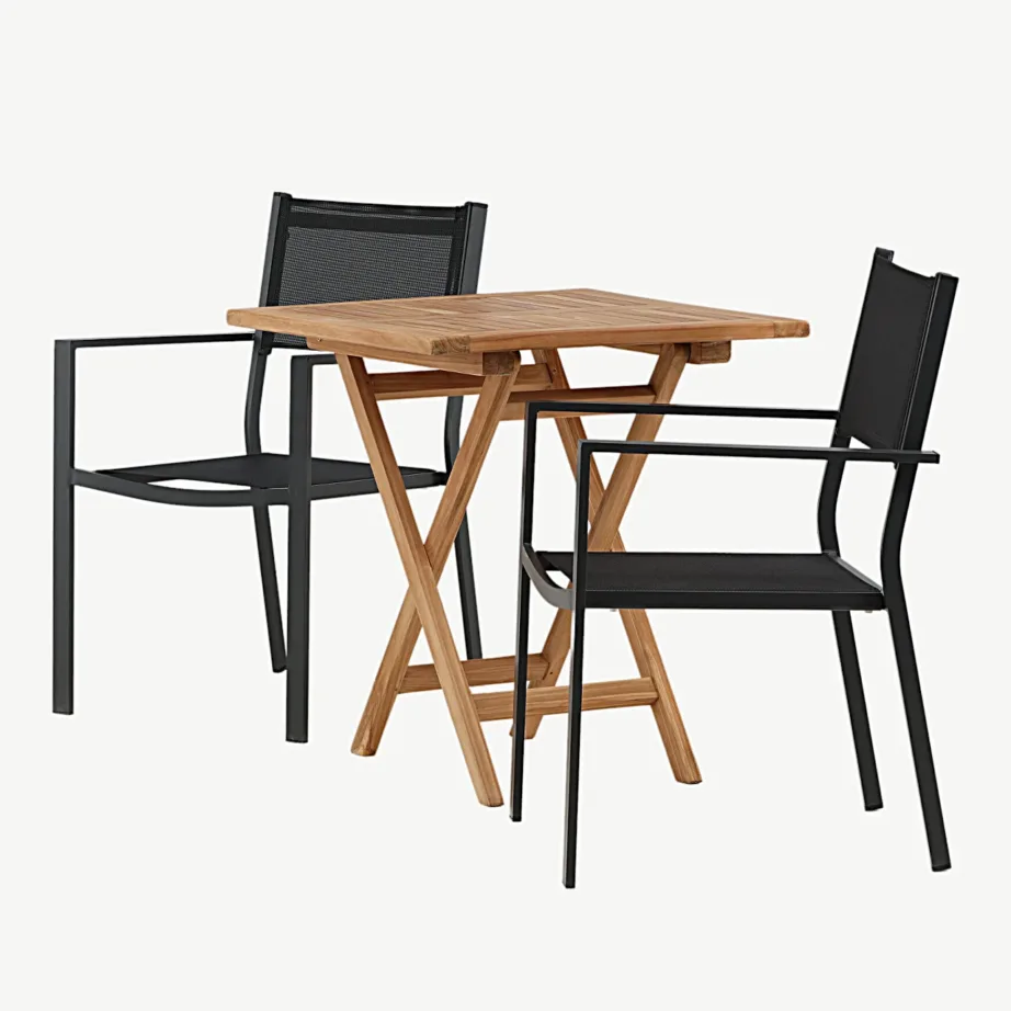 Kenya tiigipuust välimööblikomplekt – kokkupandav laud ja mustad alumiiniumraamiga toolid, GR22797 – 7