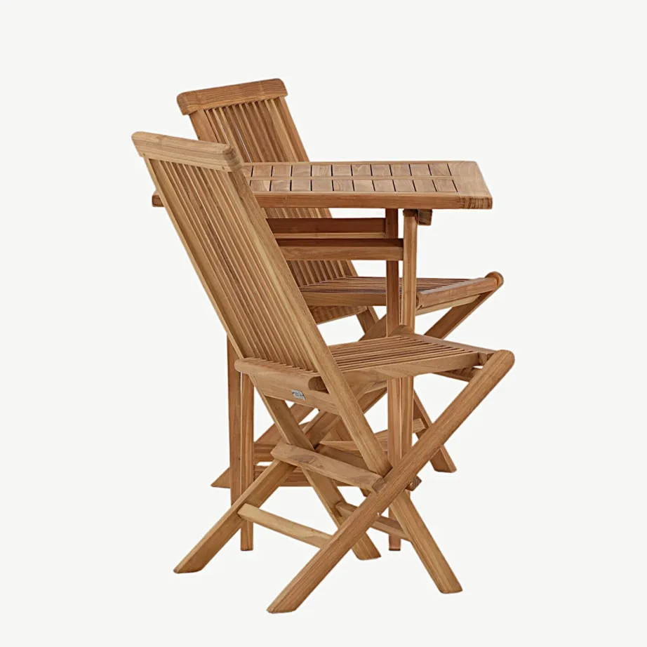 Kokkupandav tiigipuust aiakomplekt Kenya – laud 70 × 70 cm, 2 tooli, GR22798 – 2