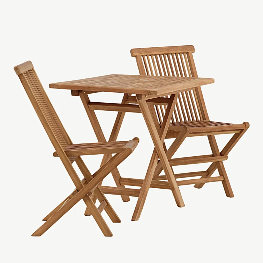 Kokkupandav tiigipuust aiakomplekt Kenya – laud 70 × 70 cm, 2 tooli, GR22798