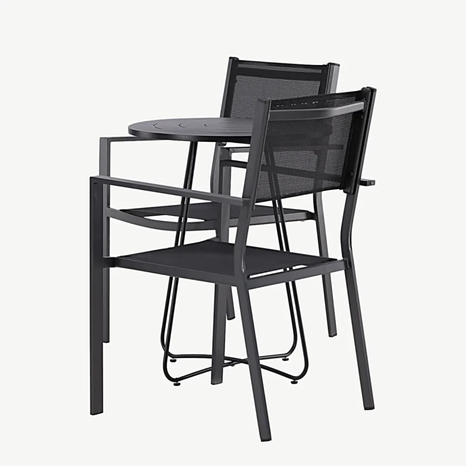 Ümmargune must terasest kohvilaud ja virnastatavad tekstileen-toolid Bacong/Copacabana (ø60 cm), GR23296 – 7