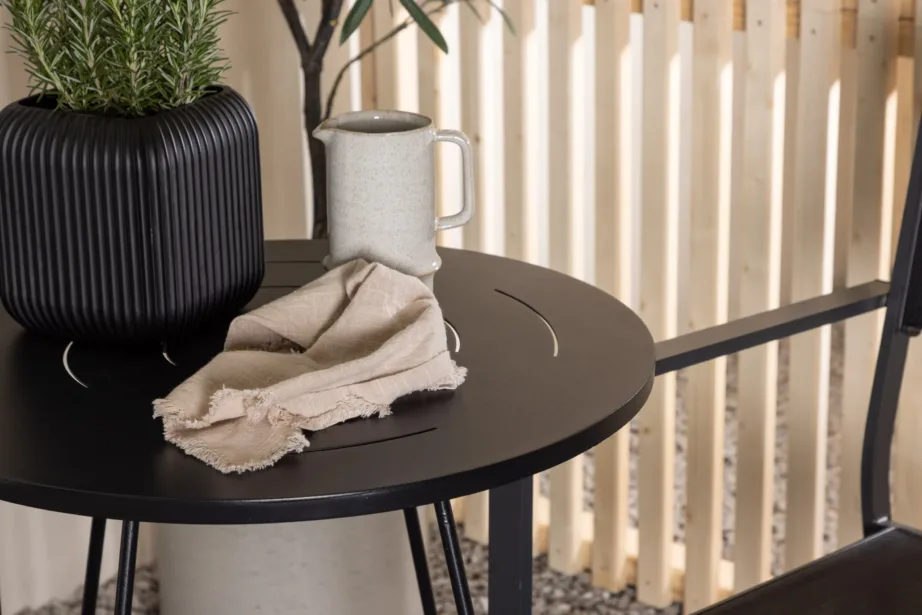 Ümmargune must terasest kohvilaud ja virnastatavad tekstileen-toolid Bacong/Copacabana (ø60 cm), GR23296 – 10