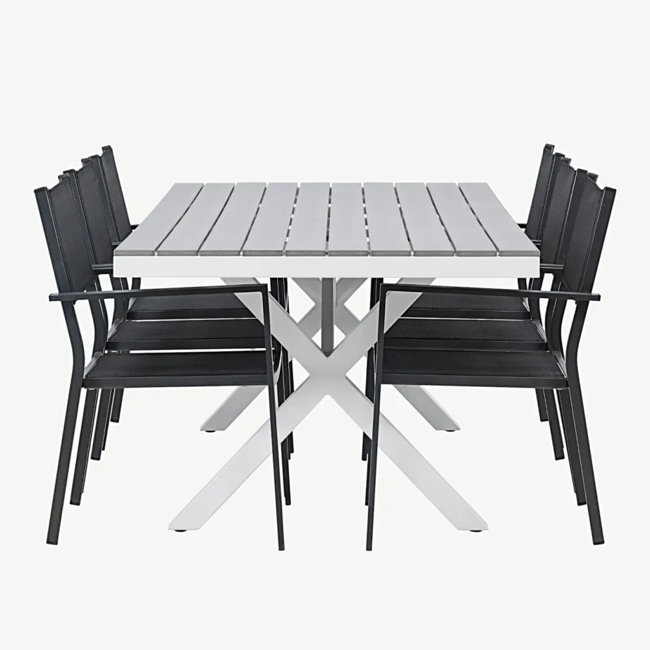 Ristkülikukujuline aiamööblikomplekt Garcia valge alumiiniumraami ja helerohelise puitplastkomposiidiga, mustad virnastatavad toolid, 200×100 cm, GR23381 – 2