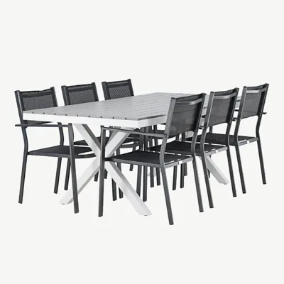 Ristkülikukujuline aiamööblikomplekt Garcia valge alumiiniumraami ja helerohelise puitplastkomposiidiga, mustad virnastatavad toolid, 200x100 cm - GR23381