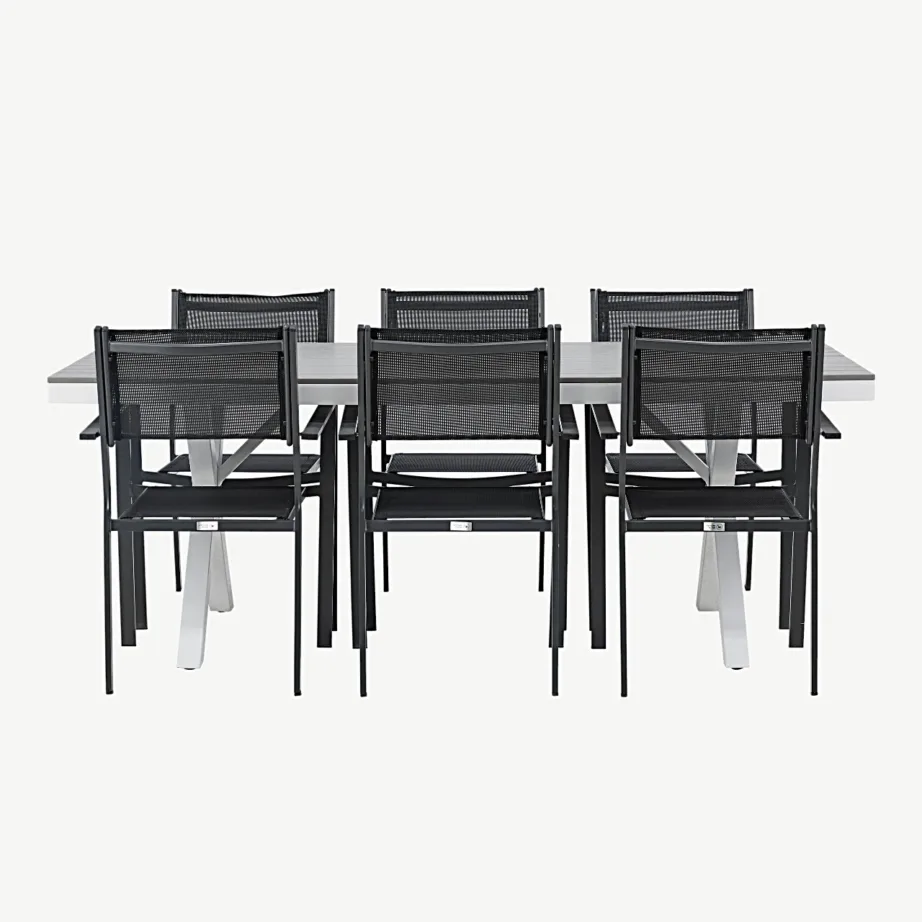 Ristkülikukujuline aiamööblikomplekt Garcia valge alumiiniumraami ja helerohelise puitplastkomposiidiga, mustad virnastatavad toolid, 200×100 cm, GR23381 – 4