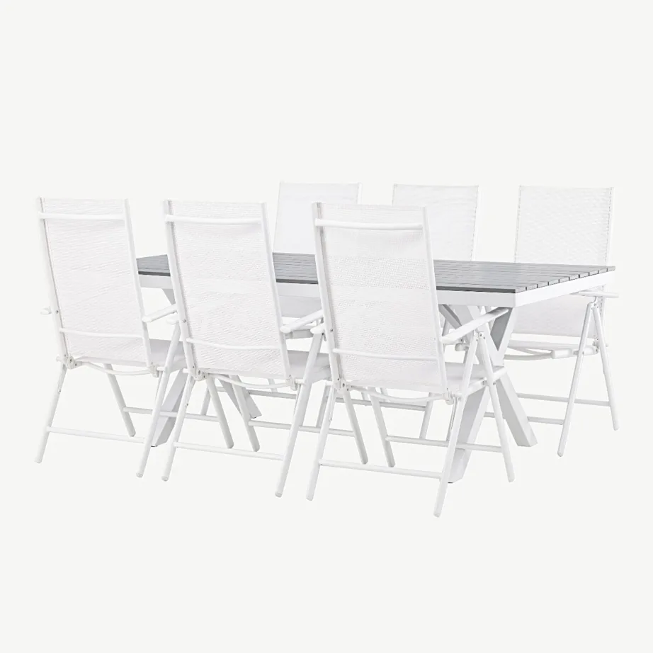 Garcia ristkülikukujuline alumiiniumist aiamööbli komplekt helehalli WPC lauaplaadi ja 6 kokkupandava tooliga, GR23382 – 5