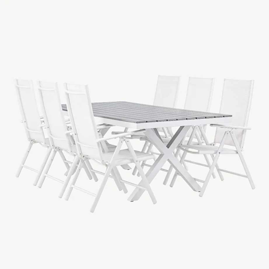 Garcia ristkülikukujuline alumiiniumist aiamööbli komplekt helehalli WPC lauaplaadi ja 6 kokkupandava tooliga, GR23382 – 6