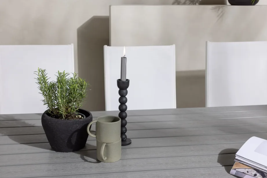 Garcia ristkülikukujuline alumiiniumist aiamööbli komplekt helehalli WPC lauaplaadi ja 6 kokkupandava tooliga, GR23382 – 11