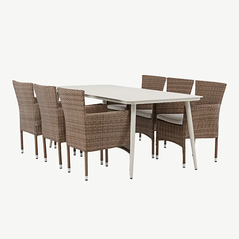 Lina alumiiniumist aiamööbli söögikomplekt, beež laud 200x90 cm, 6 Malina punutud tooli - GR23417