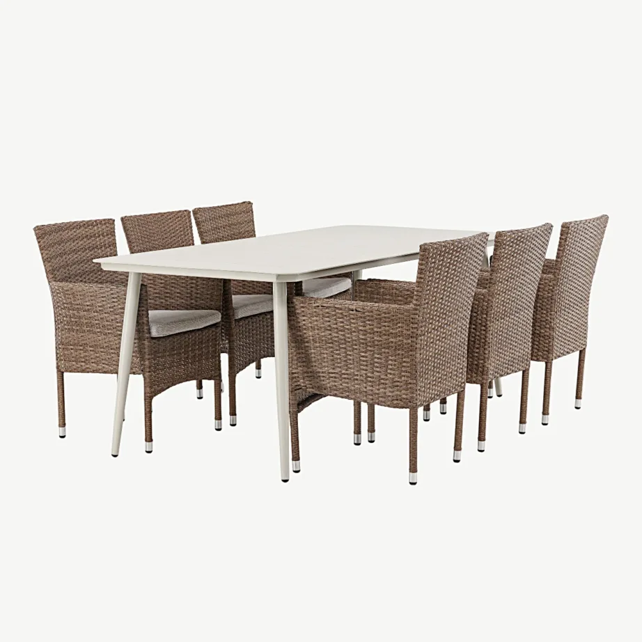 Lina alumiiniumist aiamööbli söögikomplekt, beež laud 200×90 cm, 6 Malina punutud tooli, GR23417 – 5