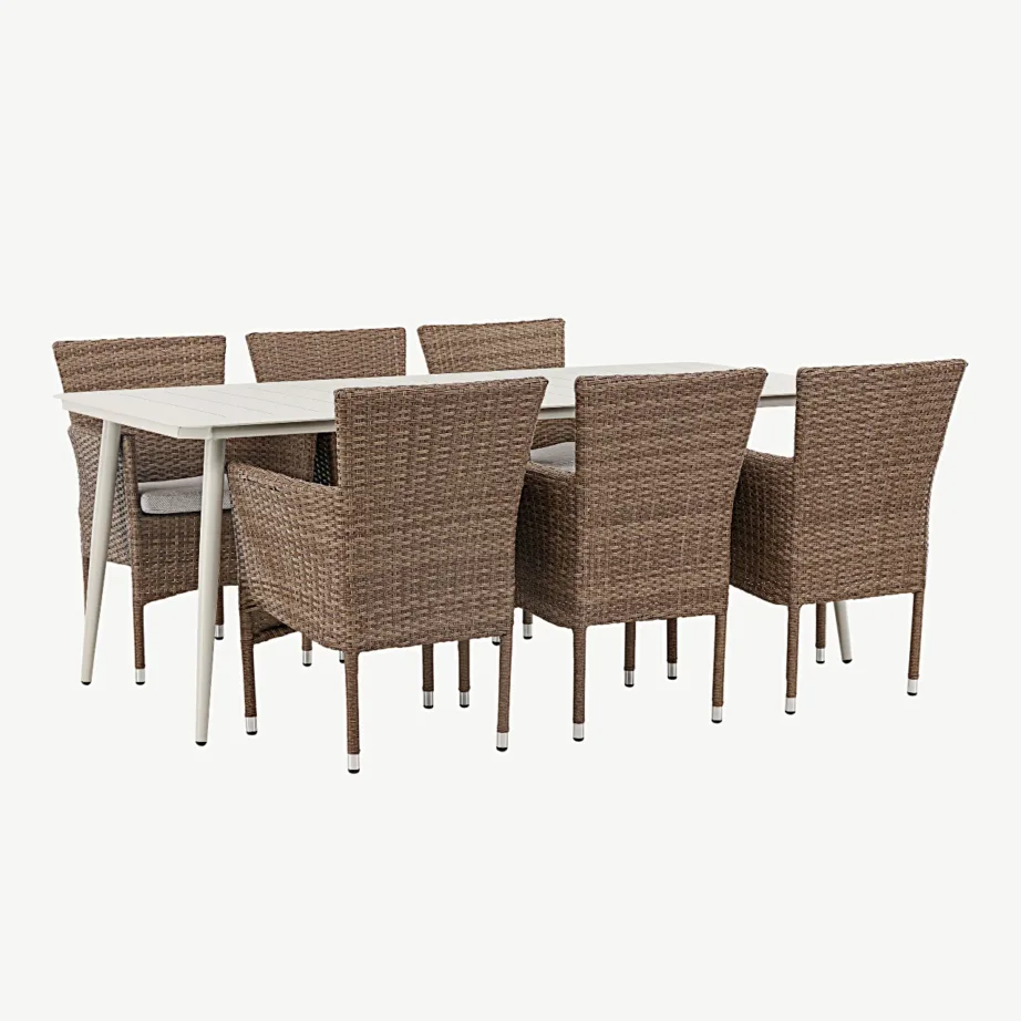 Lina alumiiniumist aiamööbli söögikomplekt, beež laud 200×90 cm, 6 Malina punutud tooli, GR23417 – 6