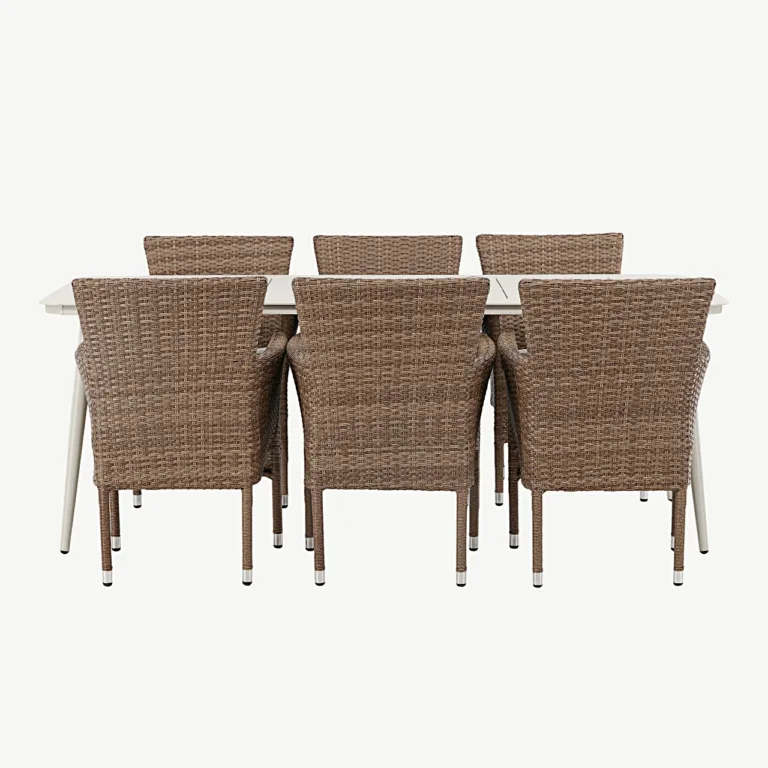 Lina alumiiniumist aiamööbli söögikomplekt, beež laud 200x90 cm, 6 Malina punutud tooli - GR23417