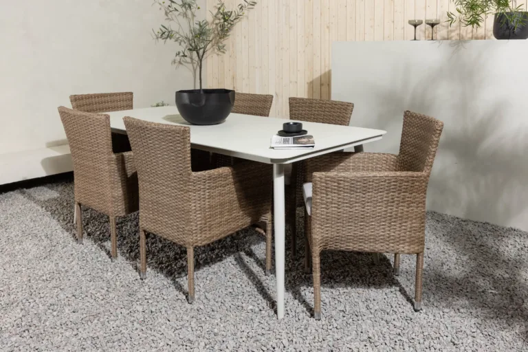 Lina alumiiniumist aiamööbli söögikomplekt, beež laud 200x90 cm, 6 Malina punutud tooli - GR23417