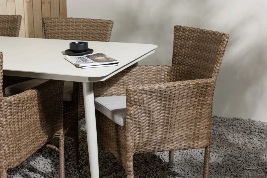 Lina alumiiniumist aiamööbli söögikomplekt, beež laud 200×90 cm, 6 Malina punutud tooli, GR23417 – 10