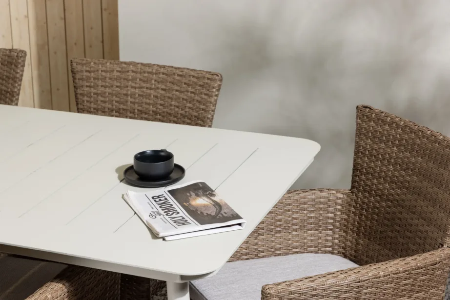 Lina alumiiniumist aiamööbli söögikomplekt, beež laud 200×90 cm, 6 Malina punutud tooli, GR23417 – 11