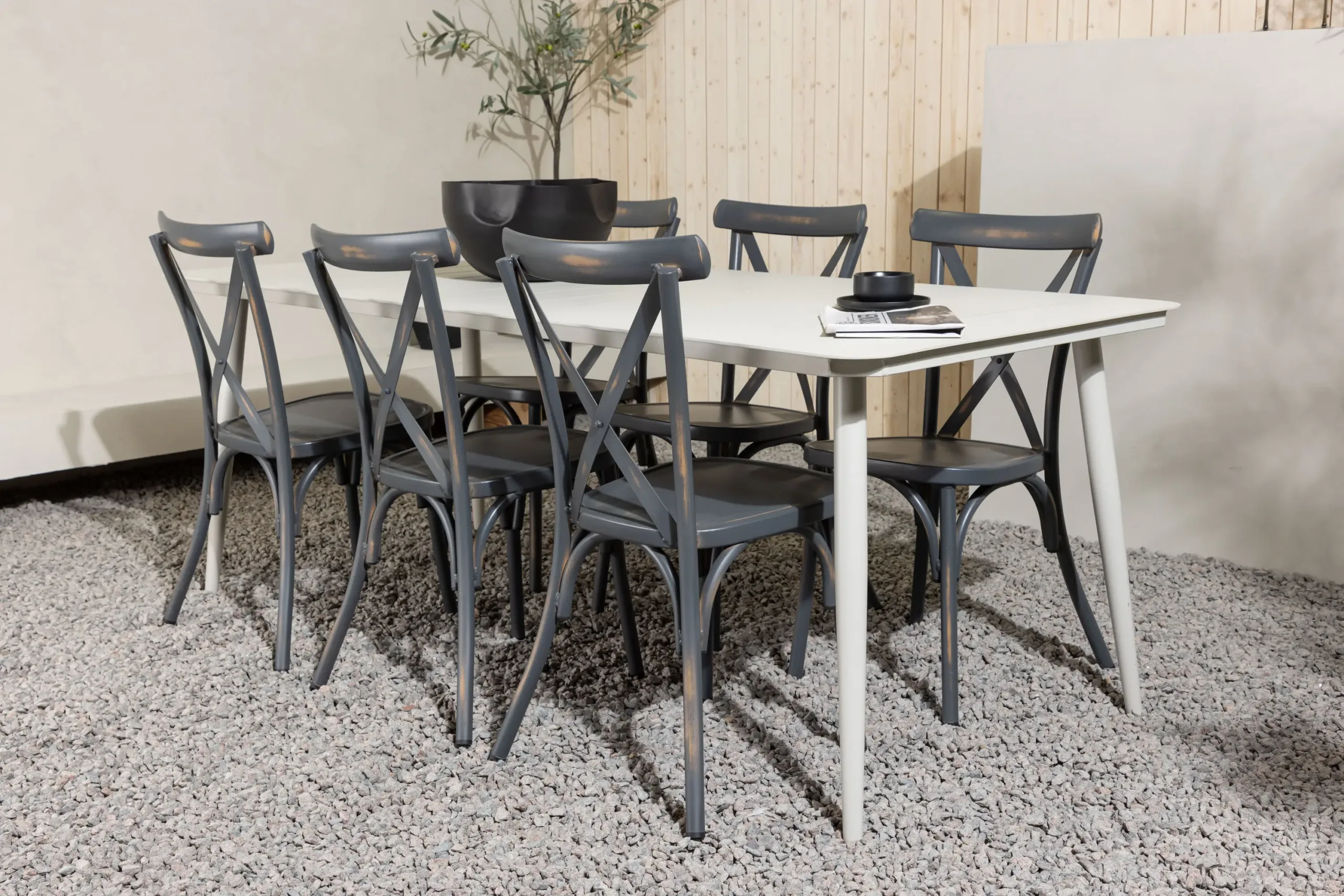 Alumiiniumist söögilauakomplekt Lina (beež laud 200×90 cm, tumehallid toolid, 6 tk) - GR23423