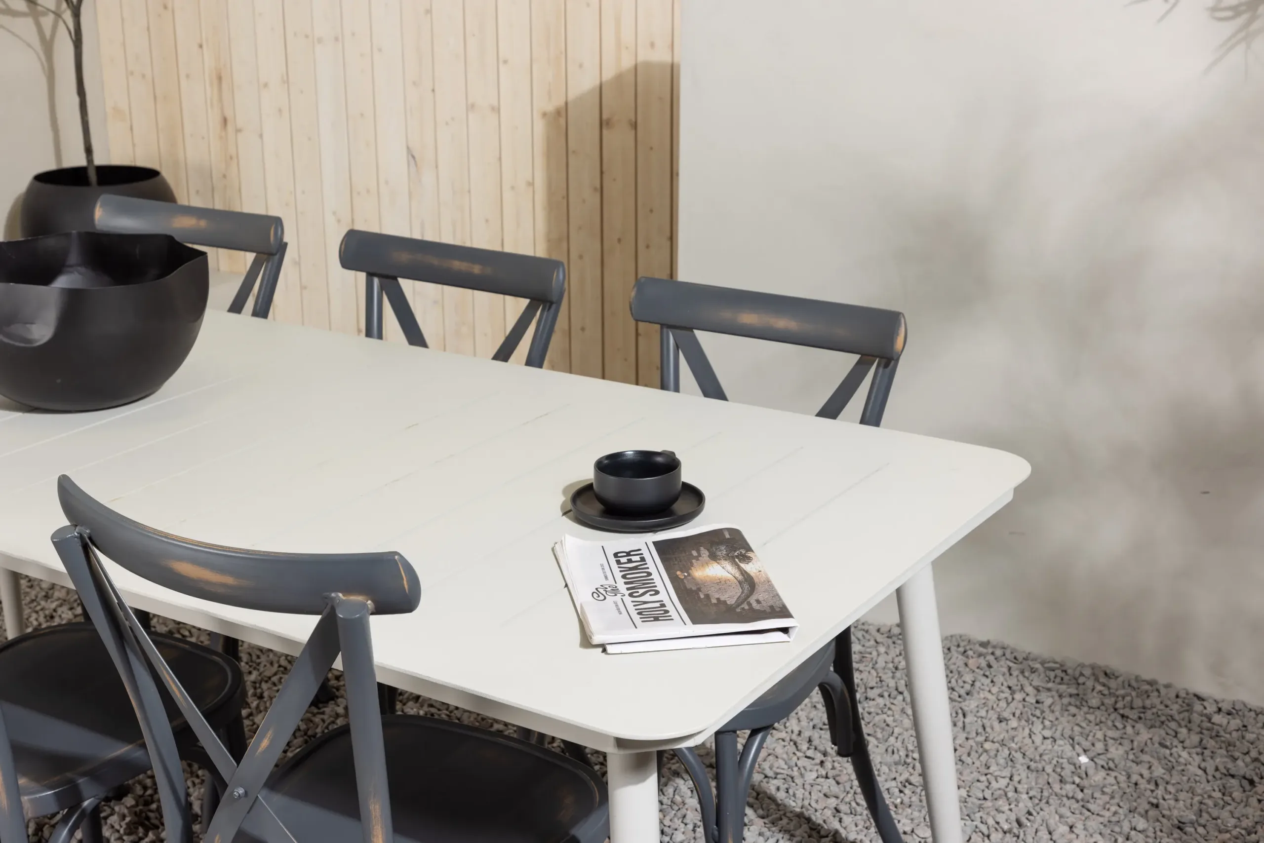 Alumiiniumist söögilauakomplekt Lina (beež laud 200×90 cm, tumehallid toolid, 6 tk) - GR23423