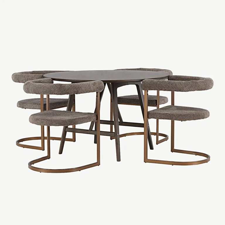 Kaseidoni ümmargune söögilaud ja buklee-kangaga hallid toolid Morning (tumepruun, 100 cm) - GR23845