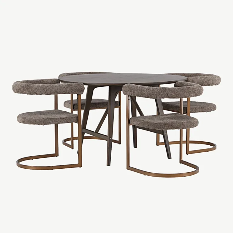 Kaseidoni ümmargune söögilaud ja buklee-kangaga hallid toolid Morning (tumepruun, 100 cm) - GR23845