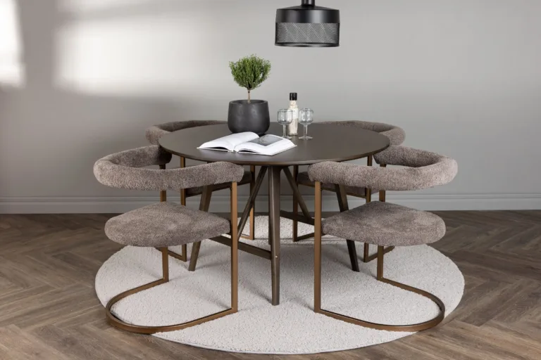 Kaseidoni ümmargune söögilaud ja buklee-kangaga hallid toolid Morning (tumepruun, 100 cm) - GR23845