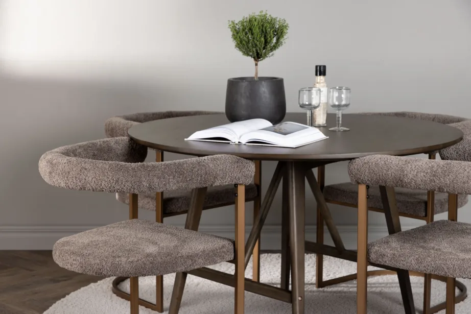 Kaseidoni ümmargune söögilaud ja buklee-kangaga hallid toolid Morning (tumepruun, 100 cm), GR23845 – 5