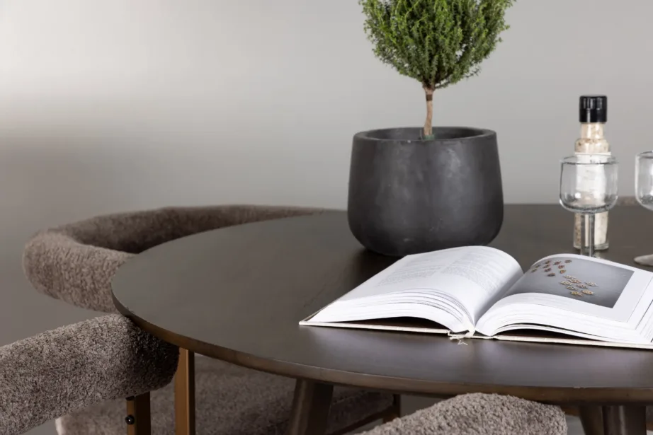 Kaseidoni ümmargune söögilaud ja buklee-kangaga hallid toolid Morning (tumepruun, 100 cm), GR23845 – 6