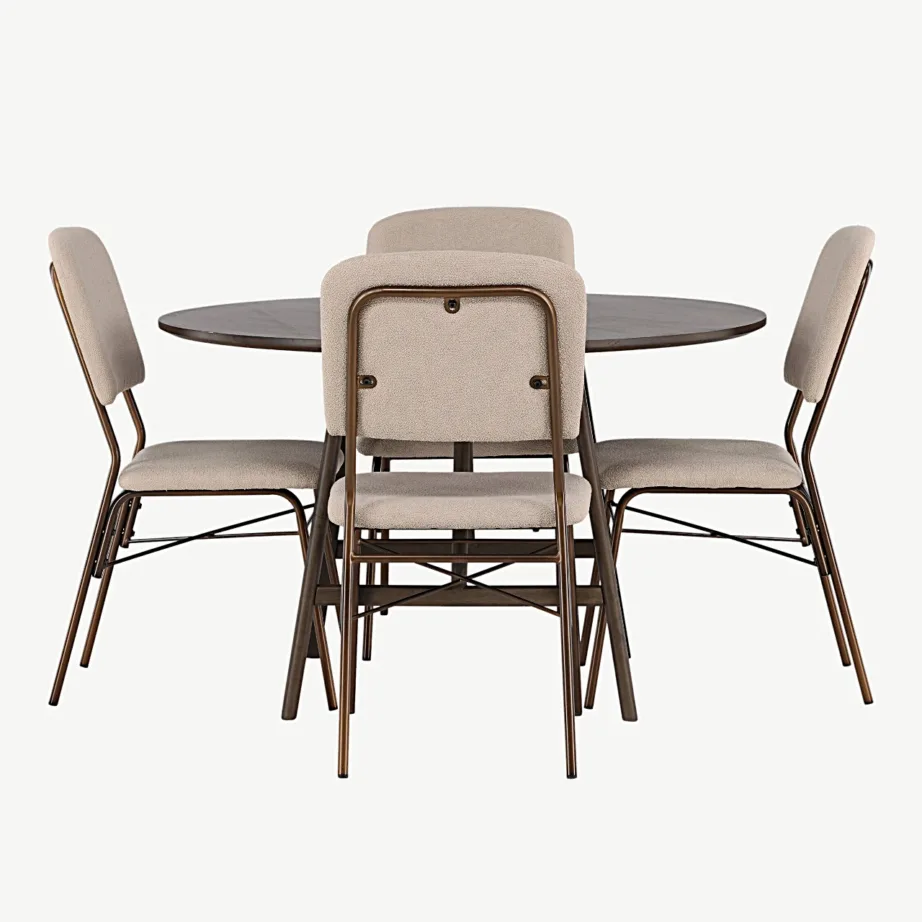 Ümmargune söögilauakomplekt Kaseidon tumepruunist MDF-ist ja kummipuust koos beežide toolidega Seda, GR23846 – 2