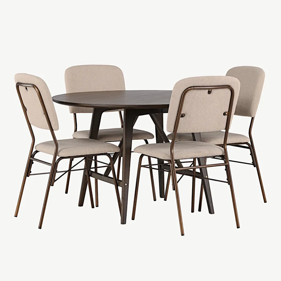 Ümmargune söögilauakomplekt Kaseidon tumepruunist MDF-ist ja kummipuust koos beežide toolidega Seda, GR23846 – 3