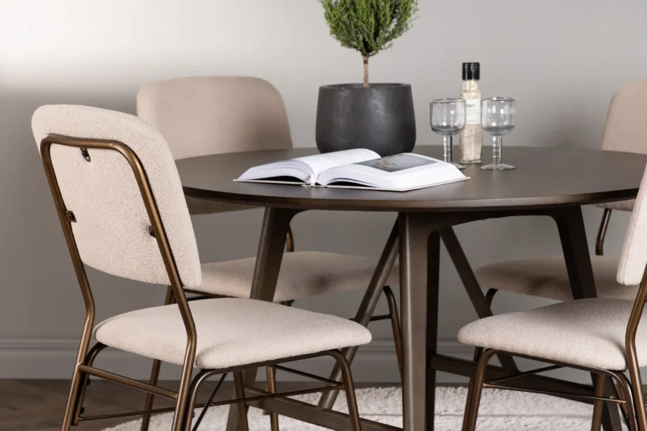 Ümmargune söögilauakomplekt Kaseidon tumepruunist MDF-ist ja kummipuust koos beežide toolidega Seda, GR23846 – 5