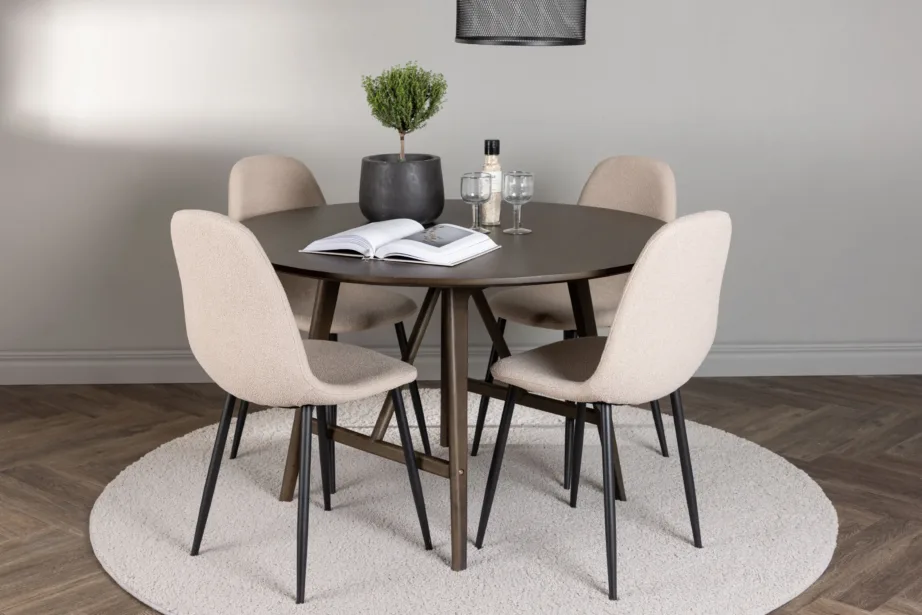 Ümmargune tumepruun söögilaud Kaseindon ja beežide bukleekangaga Polar toolidega komplekt, GR23849 – 4