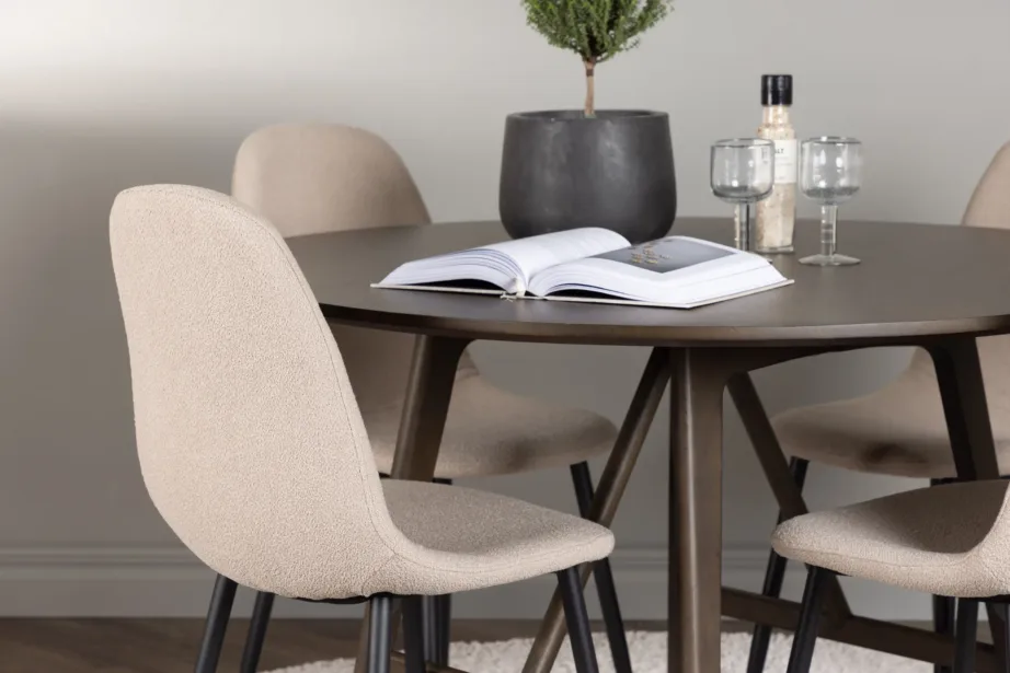 Ümmargune tumepruun söögilaud Kaseindon ja beežide bukleekangaga Polar toolidega komplekt, GR23849 – 5