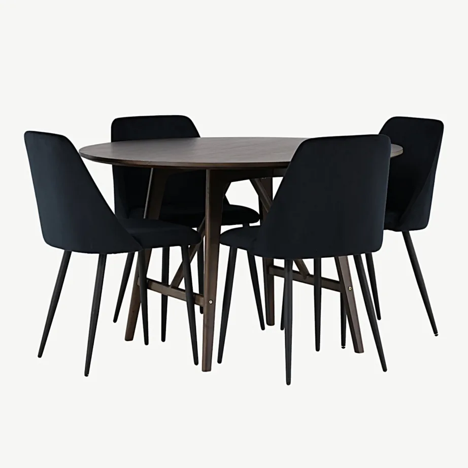 Ümara söögilaua komplekt Kaseidon (tumepruun MDF, ø100 cm) ja mustad sametist Night-toolid, GR23850 – 3