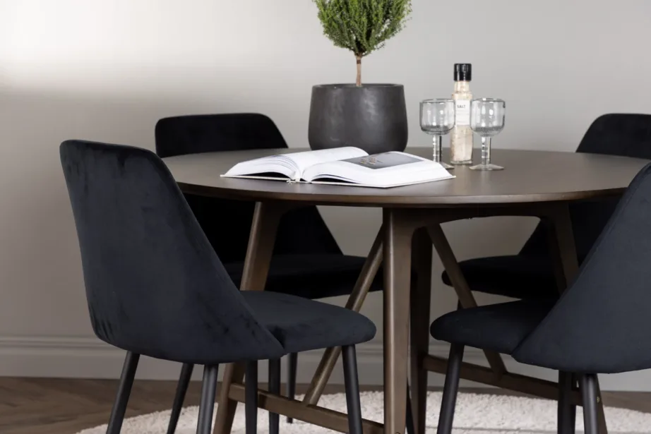 Ümara söögilaua komplekt Kaseidon (tumepruun MDF, ø100 cm) ja mustad sametist Night-toolid, GR23850 – 5