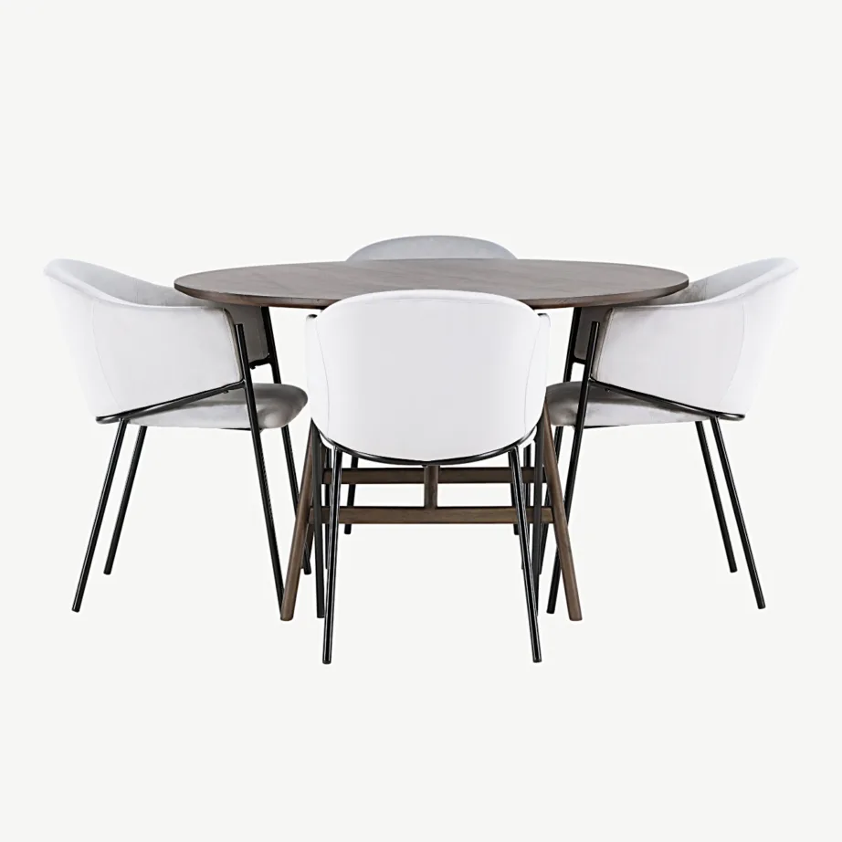 Ümmargune söögilauakomplekt Kaseindon tumedapruuni MDF laua ja helehallide sametist Evelina terastoolidega, GR23851 – 2