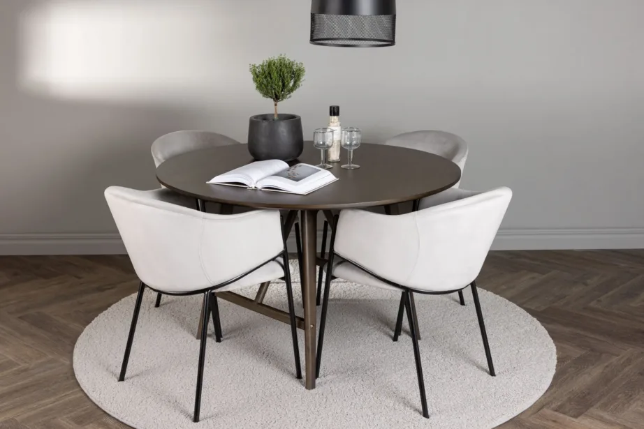 Ümmargune söögilauakomplekt Kaseindon tumedapruuni MDF laua ja helehallide sametist Evelina terastoolidega, GR23851 – 4