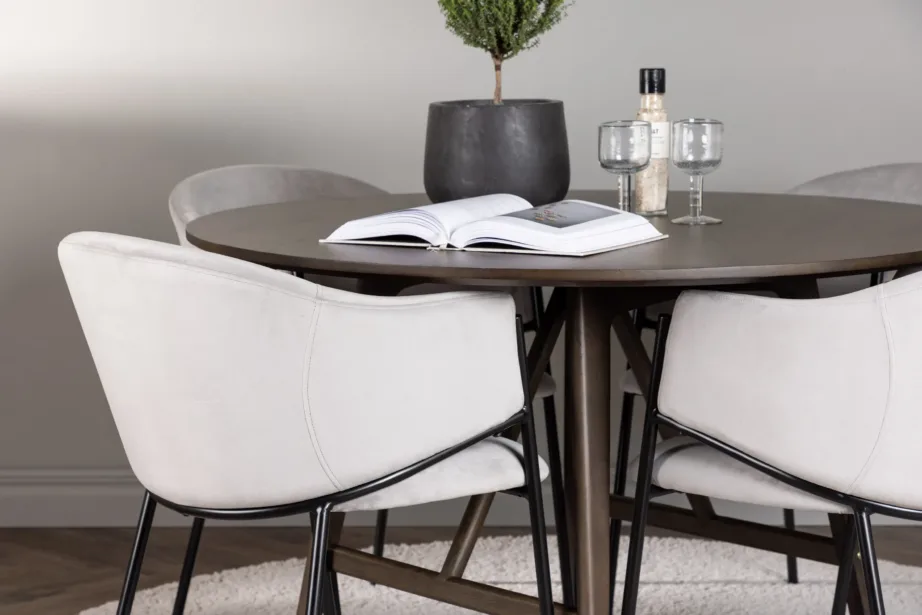 Ümmargune söögilauakomplekt Kaseindon tumedapruuni MDF laua ja helehallide sametist Evelina terastoolidega, GR23851 – 5