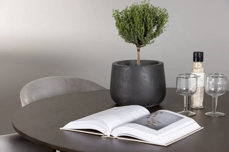 Ümmargune söögilauakomplekt Kaseindon tumedapruuni MDF laua ja helehallide sametist Evelina terastoolidega, GR23851 – 6