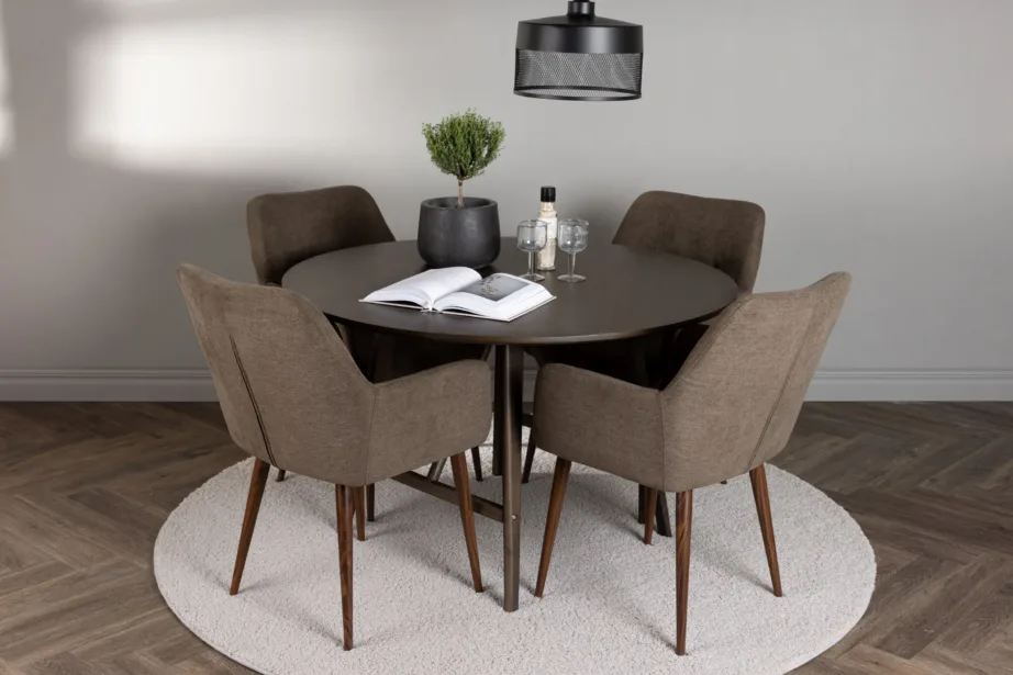 Ümmargune söögilaud Kaseindon ja polsterdatud söögitoolid Tomorrow (pruun, tumepruun MDF, kummipuu), GR23852 – 4