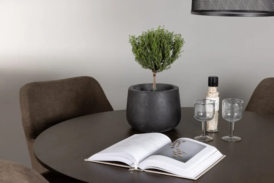 Ümmargune söögilaud Kaseindon ja polsterdatud söögitoolid Tomorrow (pruun, tumepruun MDF, kummipuu), GR23852 – 6