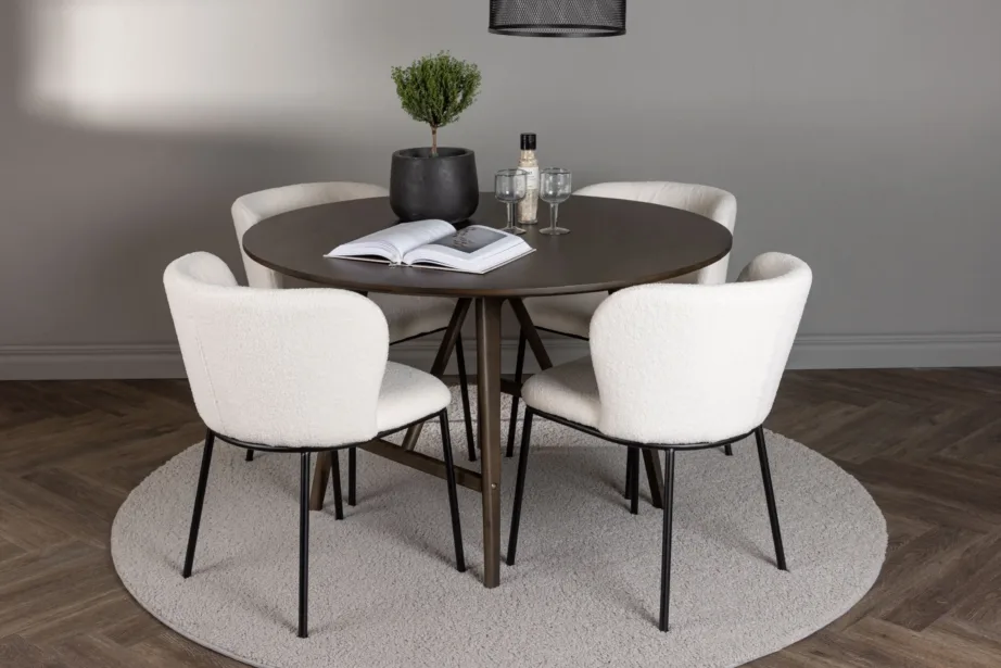 Ümmargune söögilauakomplekt Kaseindoni laud 4 Edina tooliga (tumepruun, valge buklee), GR23853 – 4